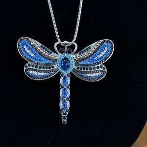Vintage Blue Dragonfly large rhinestone pendant on silver tone chain